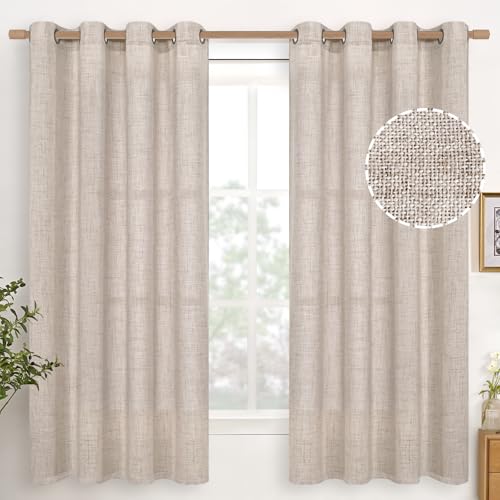 Linen Semi Sheer Curtains 52x63 Inch - Light Filtering Grommet Drapes, 2 Panels