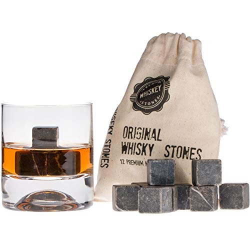 Premium Black Marble Whiskey Stones Gift Set - Natural Reusable Ice Cubes for Bourbon, Scotch, Gin, Wine - 12 Pieces with Storage Bag