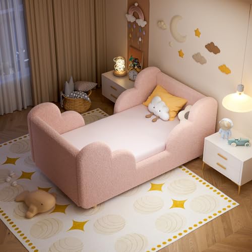 Upholstered Toddler Floor Bed, Convertible Montessori Kids Bed with Guardrails
