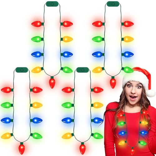 QZYL 4-Pack Light Up Christmas Necklaces 40 Inches with 9 LEDs & 3 Modes