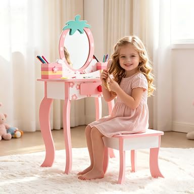 Kids Vanity Table and Chair Set with Fruit Print and Storage