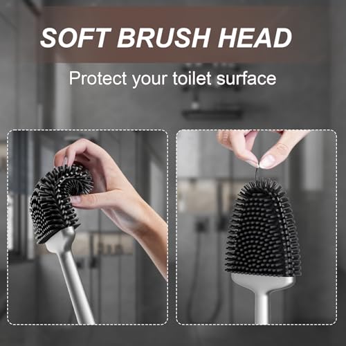 Silicone Toilet Brush and Holder Set - Flat Flexible Head, Rustproof Handle