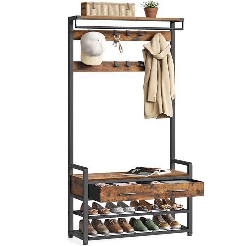 Entryway Hall Tree with Shoe Bench, Coat Rack and 2 Storage Drawers