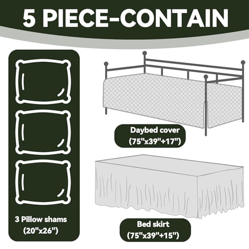 5-Piece Quilted Daybed Bedding Set with Bedskirt & Shams, Twin Size, Olive Green