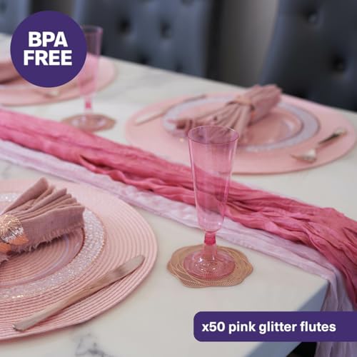 MATANA 50 Pack Pink Glitter Plastic Champagne Flutes 5 oz Disposable & Reusable