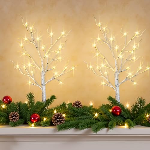 2-Pack 2ft Pre-Lit Birch Trees with Warm White LEDs - Tabletop Decor