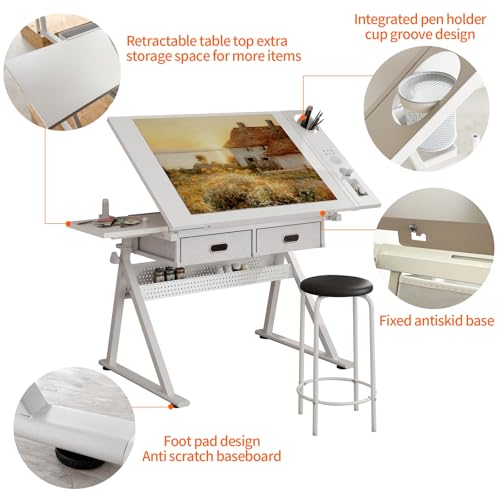 Height Adjustable Drafting Table with Stool - Tilting Art & Craft Desk