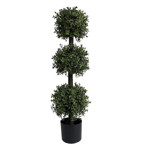 3ft Artificial Triple Ball Boxwood Topiary Tree, UV Resistant Outdoor Plant