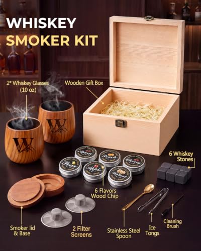 Argefkeen Whiskey Smoker Kit W - 6 Flavors Wood Chips & Personalized Glass