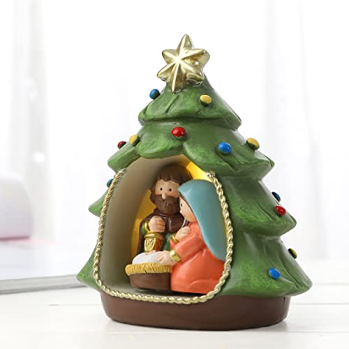 Resin Christmas Tree Nativity Scene Figurine - Holy Family Tabletop Decor