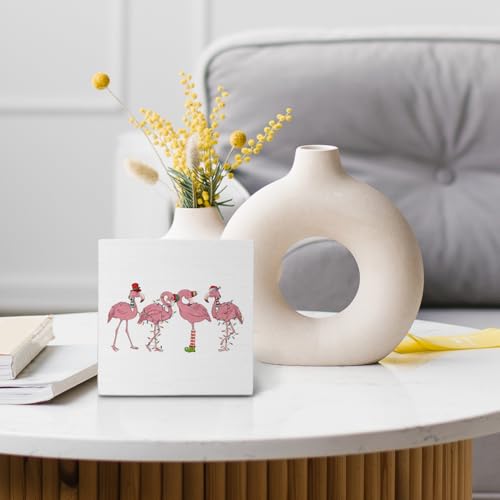 Nvotell Flamingos Funny Pink Santa Hat 5x5 Inch Wooden Box Sign — Christmas decor
