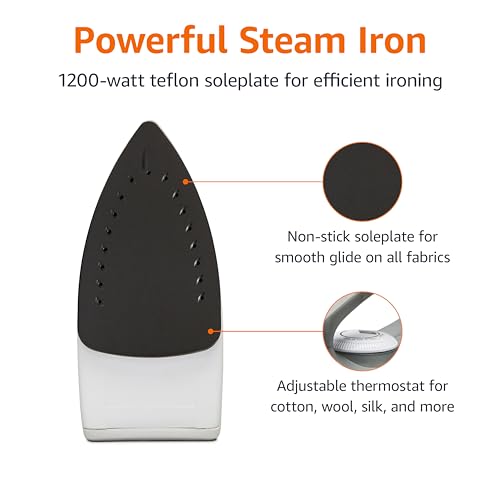 Amazon Basics 1200W 10-Inch Steam Iron with Non-Stick Soleplate and 150ml Tank