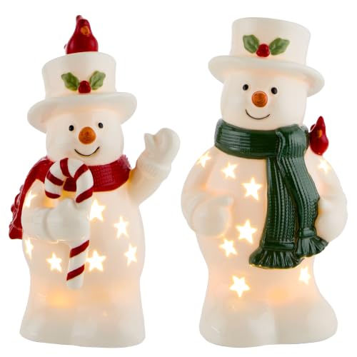 Christmas Snowman Figurines Set with LED Lights - White Ceramic, Red & Green Variation
