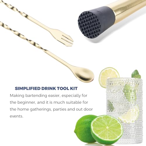 Gbuxska Gold Cocktail Muddler Set - 10 Inch Bar Mixing Spoon & 8 Inch Muddler for Drinks