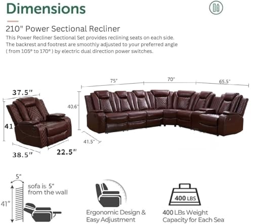 Power Recliner Sectional Sofa with LED Lights, Cup Holders & Storage Console