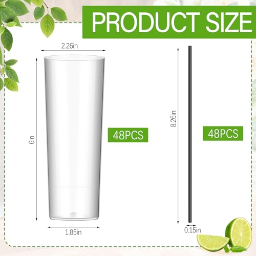 Acellegic 9 oz Plastic Highball Glasses with Straws - Set of 48, Disposable Cocktail & Drink Cups