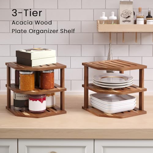3-Tier Acacia Wood Corner Shelf for Kitchen Countertop and Cabinet Storage