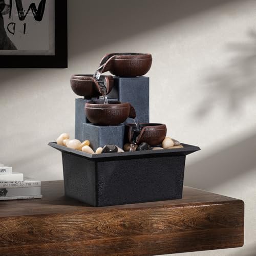 4-Tier Tabletop Indoor Waterfall Fountain with LED Light & River Rocks