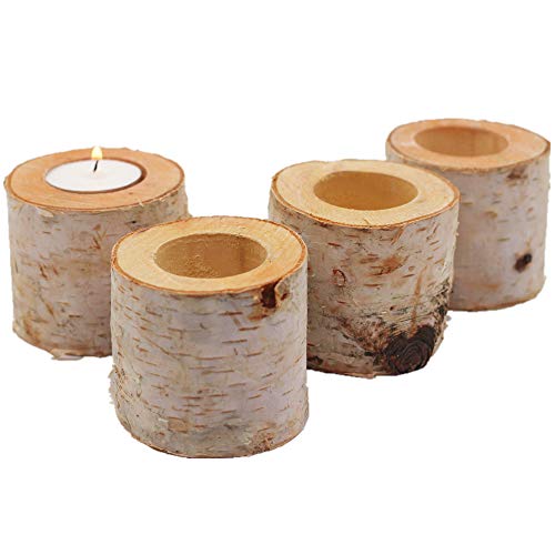 Natural Birch Wood Tealight Candle Holders - Set of 4 Rustic Log Decor