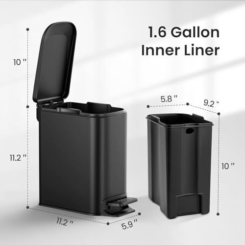 Cesun Small Bathroom Trash Can with Lid 1.6 Gal Matte Black Slim Step Bin