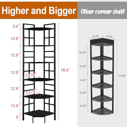 6-Tier Tall Corner Bookshelf, Industrial Metal and Wood Storage Unit