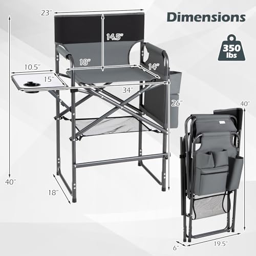 Folding Tall Director Chair with Side Table and Storage Pockets, 26" Seat
