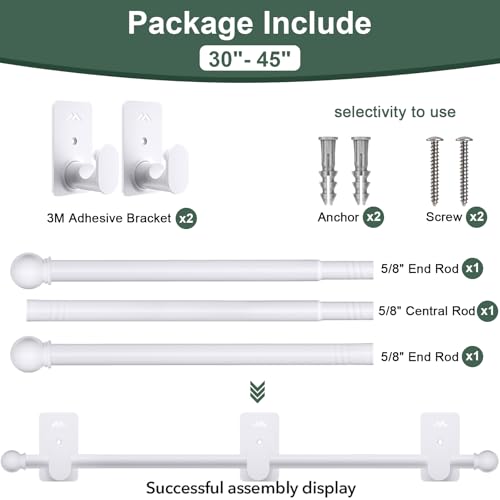 No Drill Curtain Rod 30-45 Inches, 5/8 Inch Diameter with Adhesive Brackets