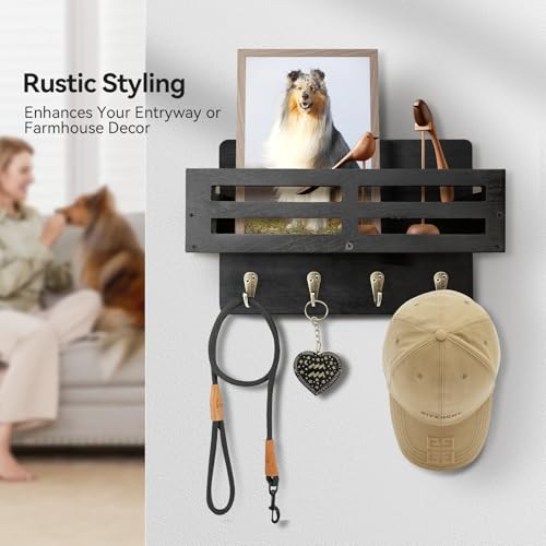 Rustic Wood Wall-Mounted Key and Mail Holder with 4 Hooks