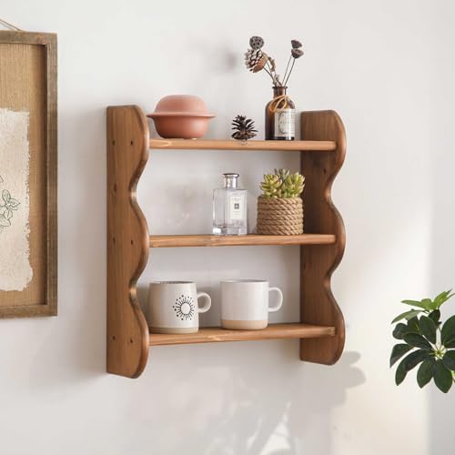 3-Tier Solid Wood Floating Wall Shelf - Rustic Farmhouse Storage Rack