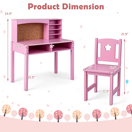 Kids Study Desk and Chair Set with Storage Hutch and Bulletin Board - Pink