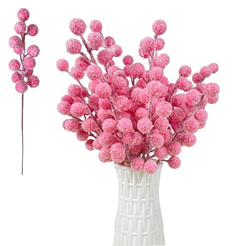 24pcs Christmas Artificial Berry Stems Snow Sprays Holly Berry Stems for Christmas Tree Decoration Holiday Crafts Xmas Ornaments and Home Decor (Pink)