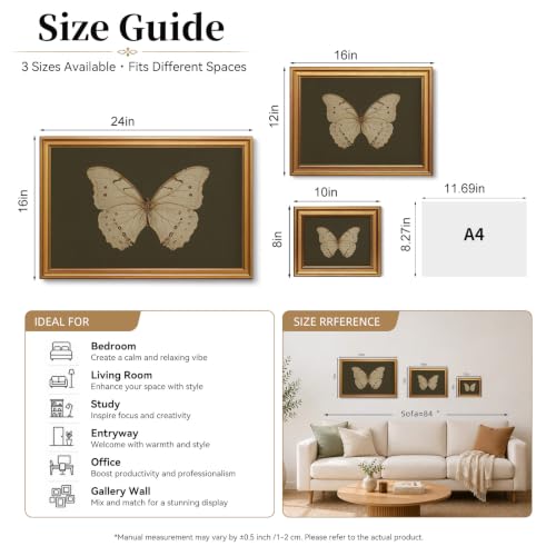 Vintage Butterfly Wall Art Gold Framed Canvas Print 8x10 Inch Moody Insect Artwork for Bedroom