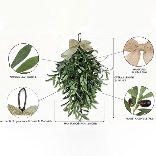 24-Inch Artificial Olive Branch Teardrop Swag for Front Door and Wall Decor
