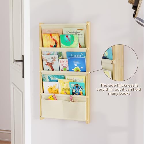 4-Tier Wall Mounted Kids Bookshelf, Natural Pine Wood Floating Book Organizer