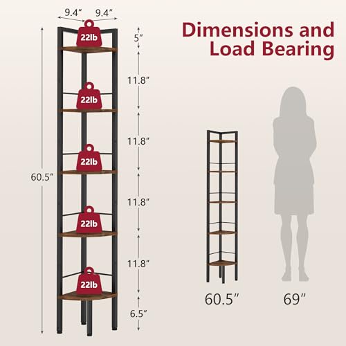 5-Tier Industrial Corner Shelf, 60.5" Tall Narrow Corner Bookshelf Stand