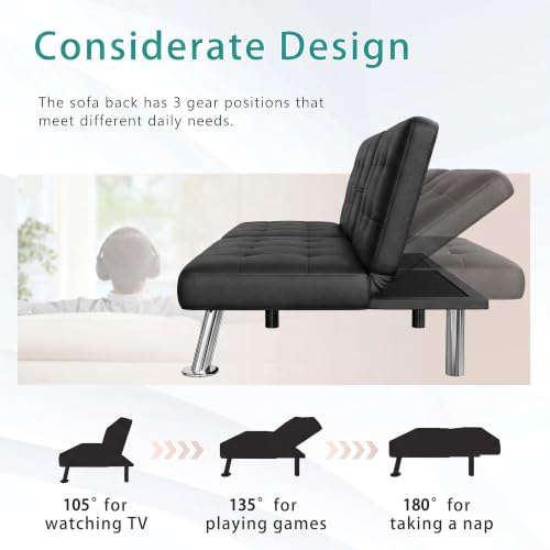 Flamaker Black Faux Leather Futon Sofa Bed Convertible Loveseat with Adjustable Back