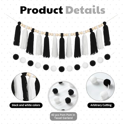Black and White Tassel and Felt Pom Pom Garland Set for Party Decor
