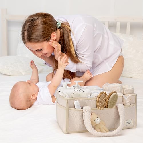 PeraBella Sherpa Baby Diaper Caddy Organizer with Handle & Teddy Bear