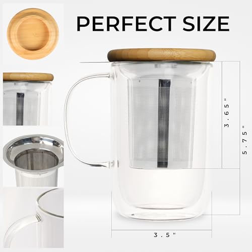 Tealyra Venus 16oz Double Wall Glass Tea Mug with Infuser & Lid