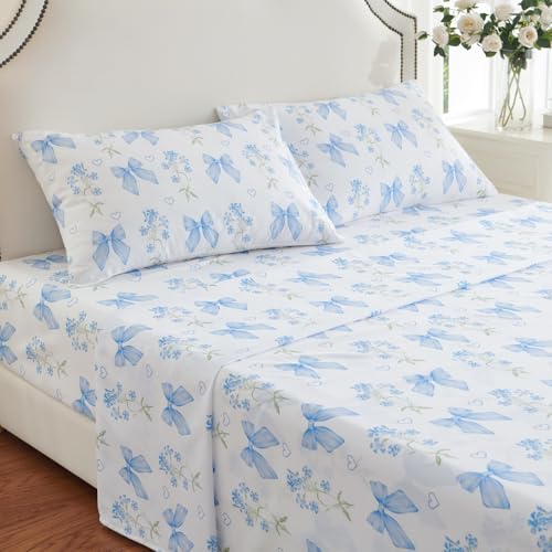 CCoutueChen Blue Bow & Floral Twin Sheet Set - Microfiber Bedroom Bedding