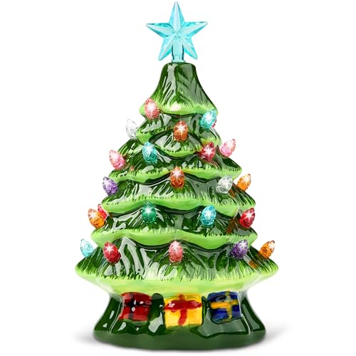 Joiedomi 7-Inch Ceramic Mini Christmas Tree with Multicolored Lights and Gift Box