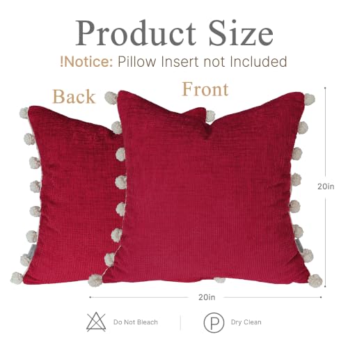 Wine Red Boho 20x20 Pom Pom Throw Pillow Cover - Cozy Home Decor