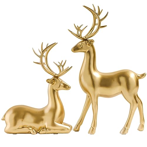 LIOOBO Golden Reindeer Figurines – Resin Elk Ornaments for Christmas Home Decor