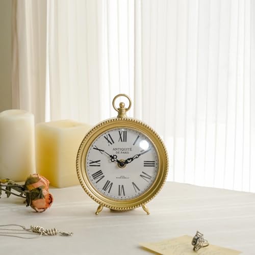 Gold Round Table Clock, Silent Non-Ticking Decorative Desk Shelf Clock