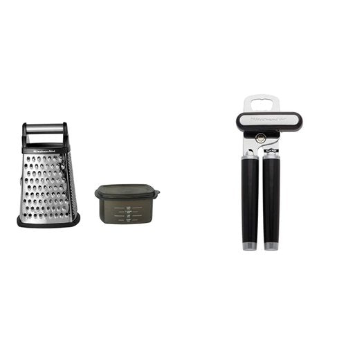 KitchenAid Gourmet 4-Sided Stainless Steel Box Grater with Detachable Storage Container, 10 inches tall, Black and KitchenAid KE199OHOBA Classic Multifunction Can Opener / Bottle Opener, 8.34-Inch, Black