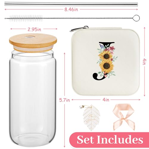Initial Jewelry Box and 16oz Glass Cup Set with Bamboo Lid and Straw