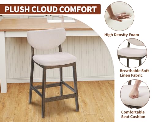 26-Inch Upholstered Counter Height Bar Stools with Back, Set of 2