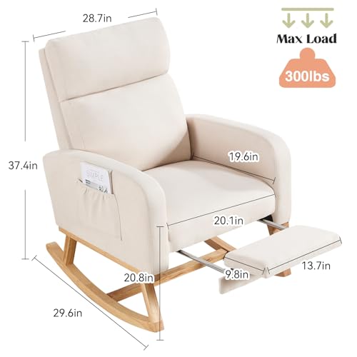 Nursery Rocking Chair with Retractable Footrest and High Backrest, Beige