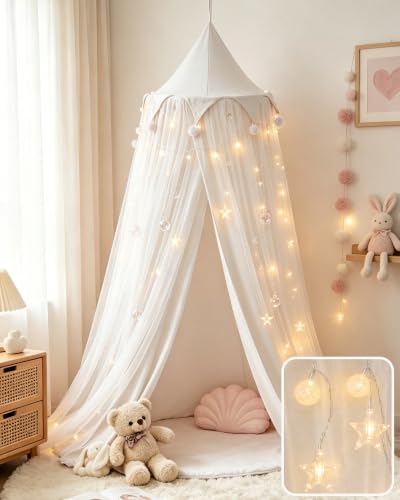 Princess Bed Canopy with Star Lights - Breathable Mesh for Kids Bedroom
