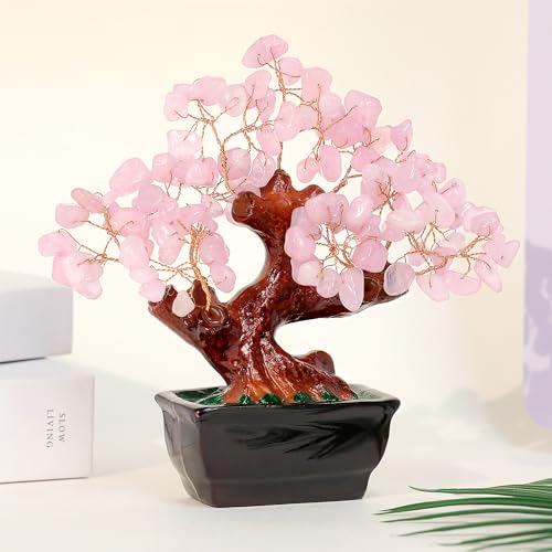 Pink Cherry Blossom Bonsai Tree Decor | Artificial Rose Quartz Tree for Feng Shui | Home & Office Accent
